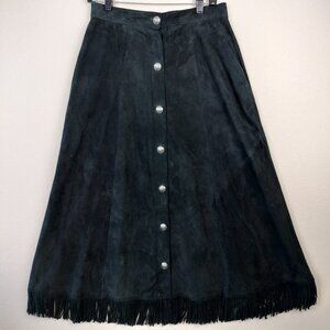 VTG Char Santa Fe Womens Black Suede Leather Skirt Size 10 Fringe Western Rodeo